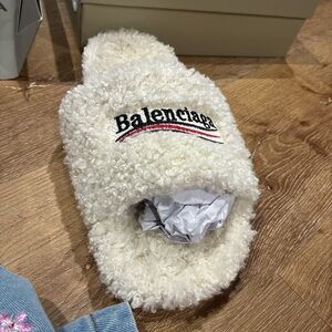 Balenciaga White Fuzzy Slippers